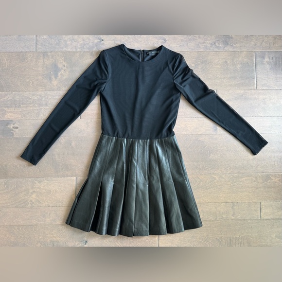 Alice + Olivia Mesh Sleeve Vegan Leather Pleated Mini Dress - Picture 9 of 13